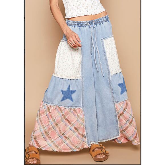 Pol Womens Chambray Star Pull On Drawstring Elastic Waist Wide Leg - Picture 1 of 2